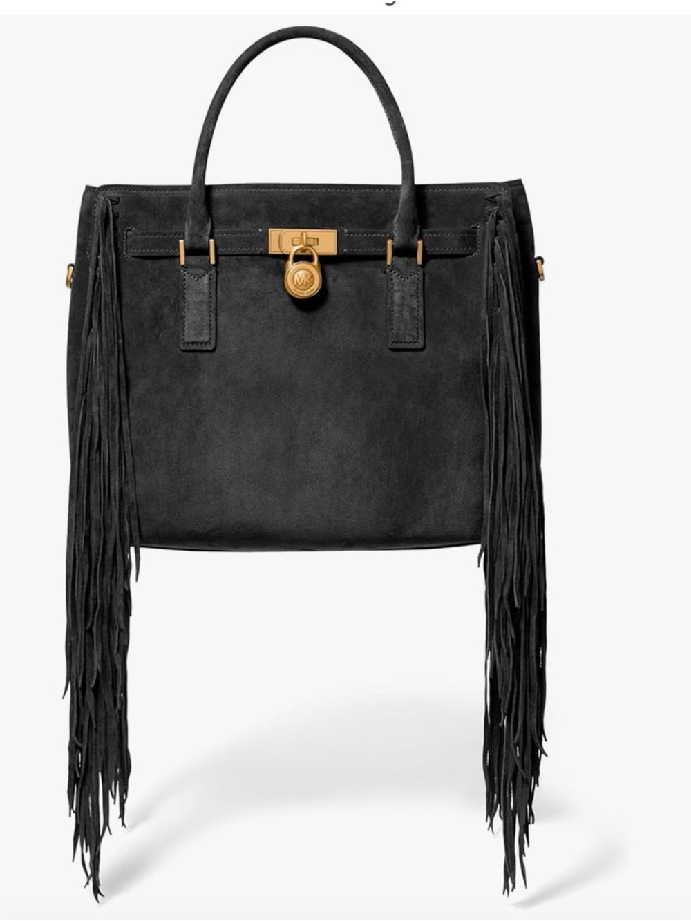 Michael Kors  Hamilton moderne Black Suede Fringe Satchel with Gold-Tone Lock